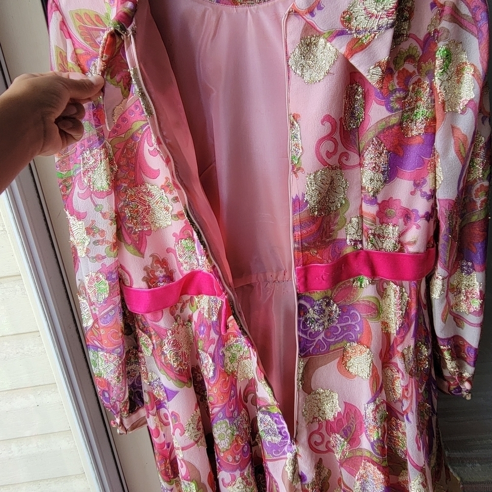Vintage Handmade Custome Japanese Asian Pink Gold Flowering Long Dress Pink Bow - Picture 6 of 15